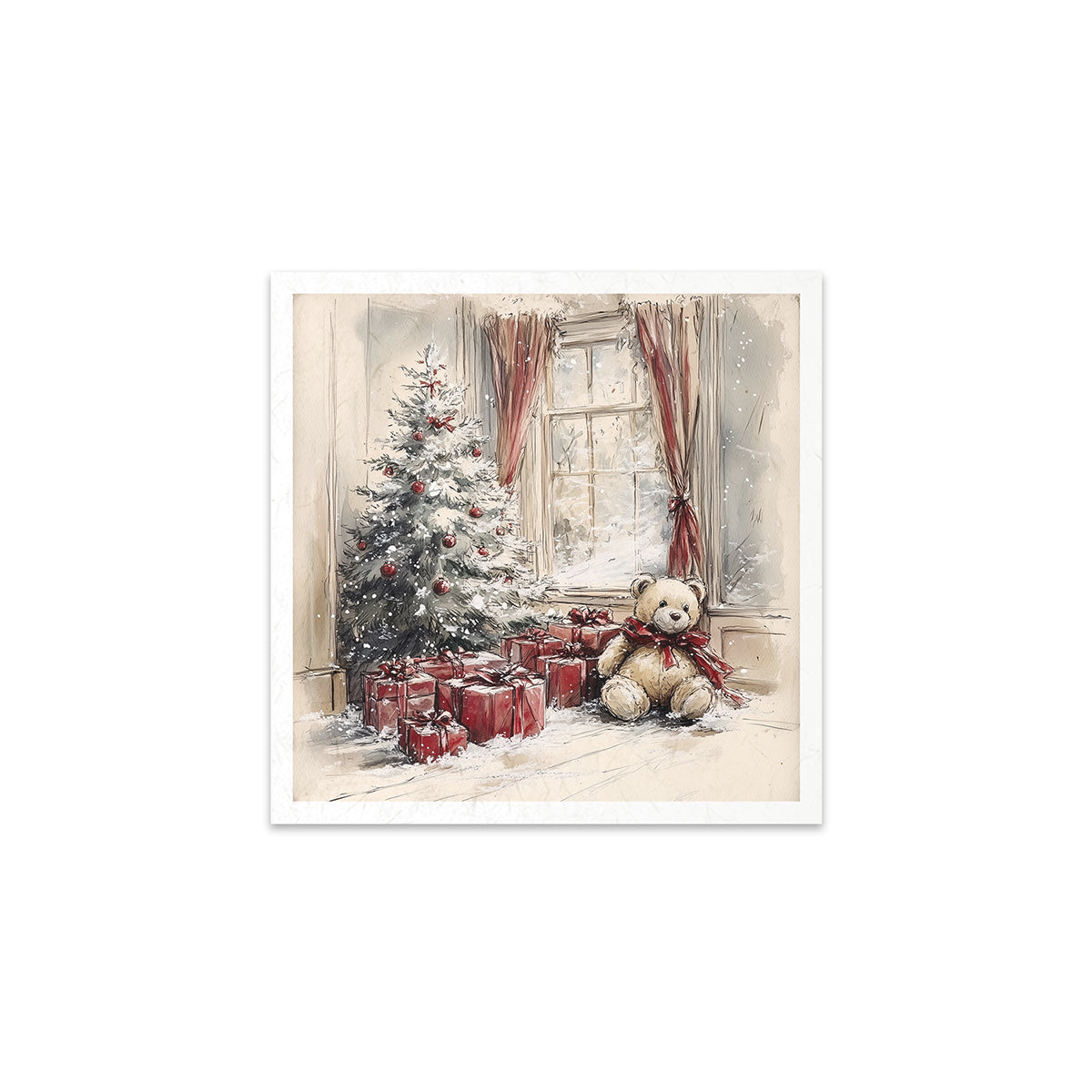 Illustration of a teddy bear with a Christmas tree and presents in a room.