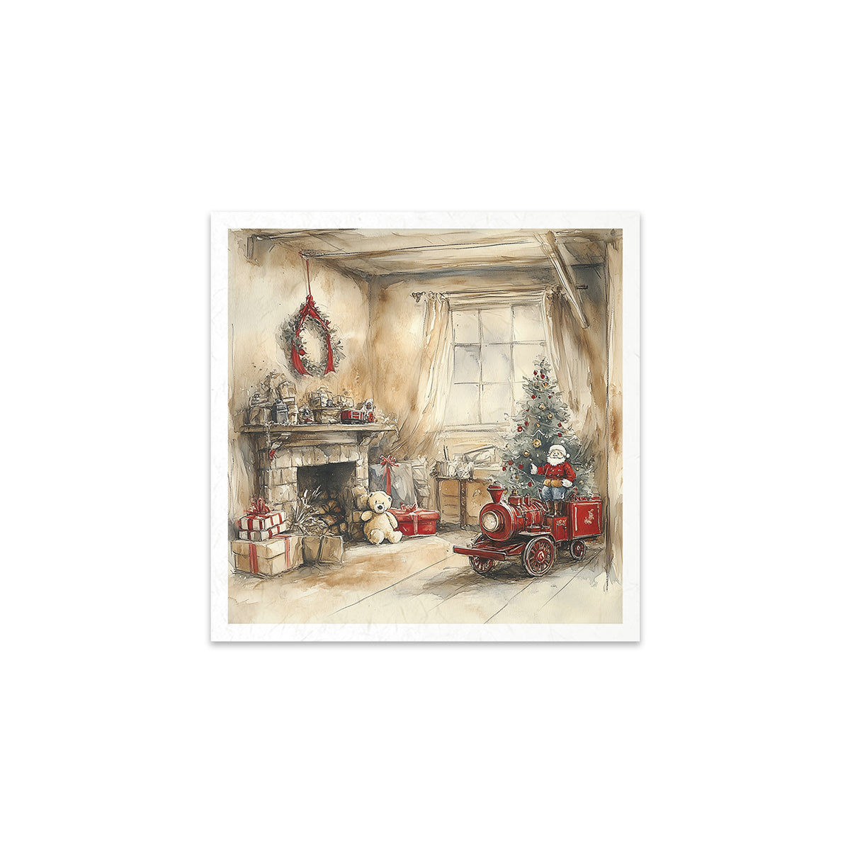 Illustration of a cozy living room with a Christmas tree, presents, and a toy train.