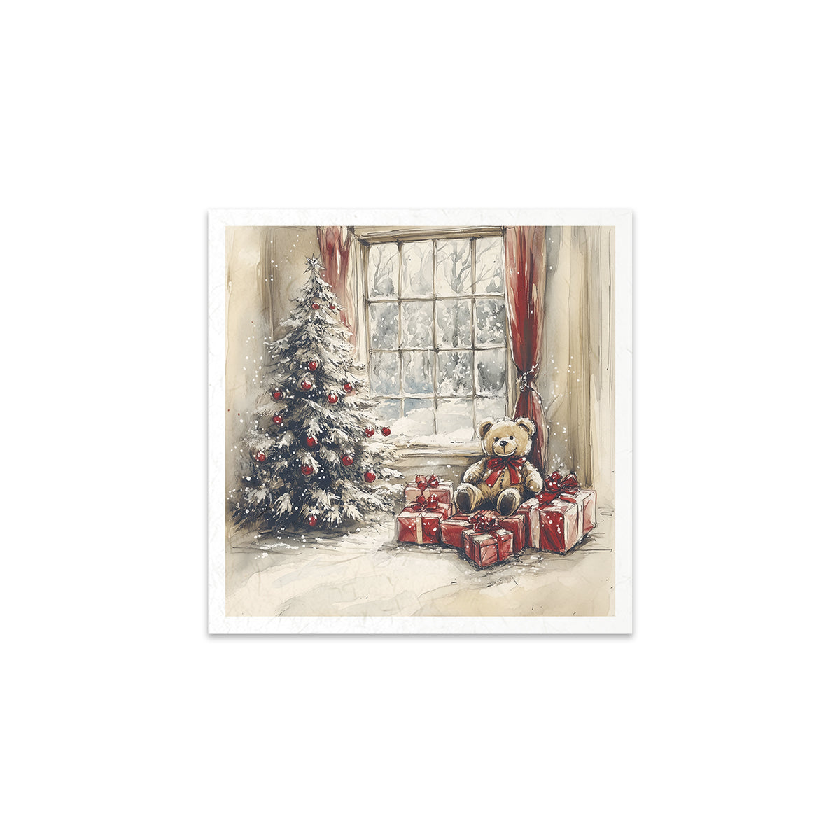 Illustration of a teddy bear with Christmas presents near a decorated tree by a window.