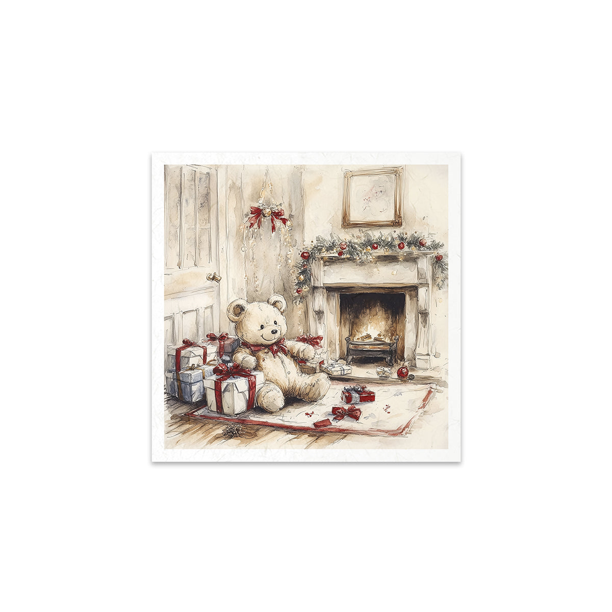 Illustration of a teddy bear with presents in front of a fireplace during Christmas.