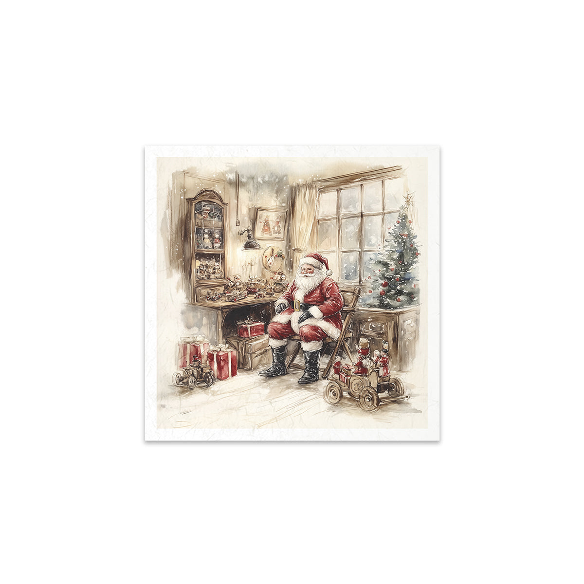 Illustration of Santa Claus in a workshop with Christmas decorations
