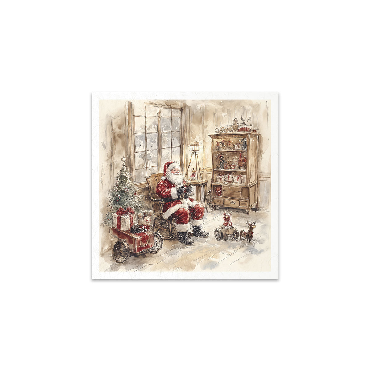 Illustration of Santa Claus in a cozy room with toys and a Christmas tree.