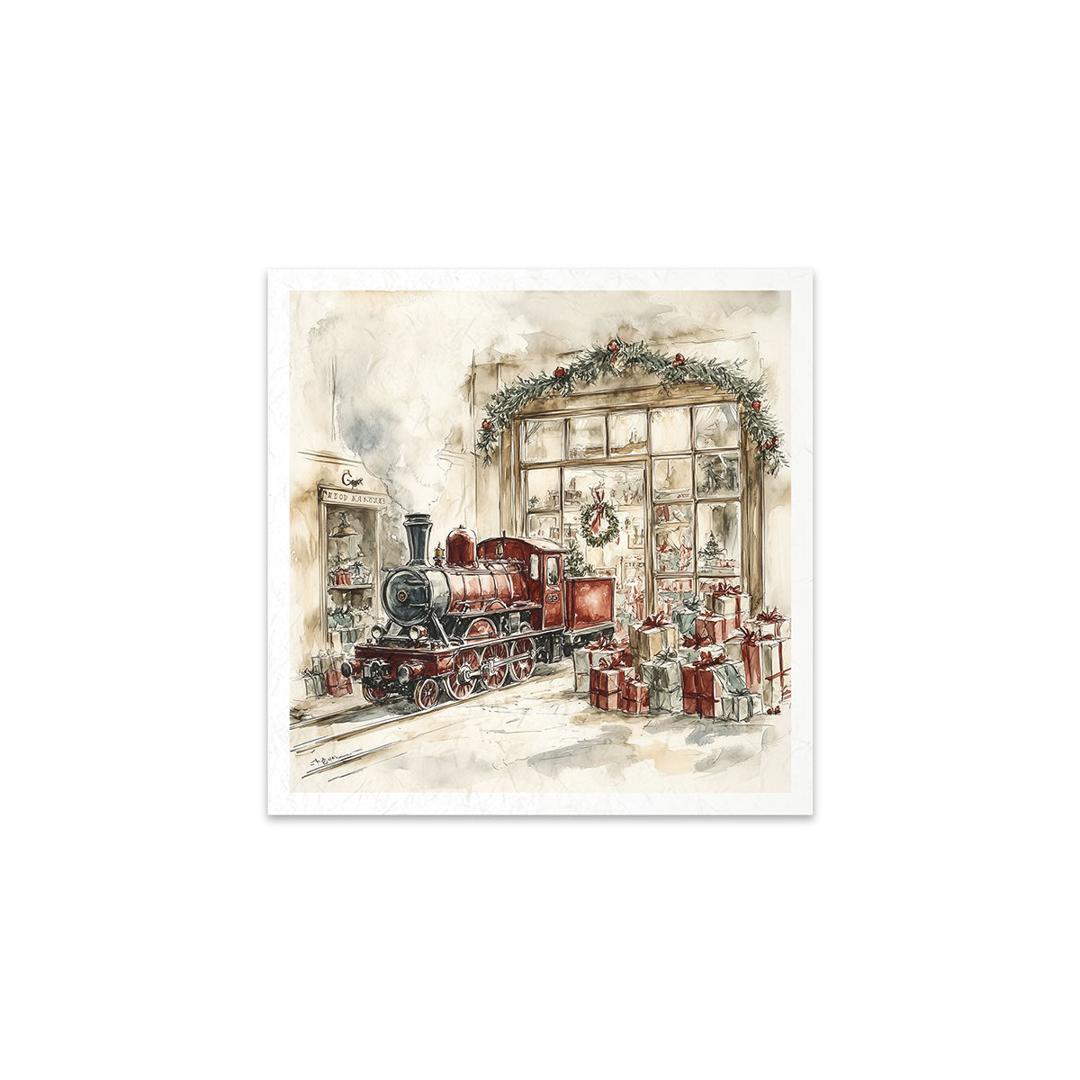 Watercolor painting of a vintage train in a festive store setting with wreaths and Christmas decorations.