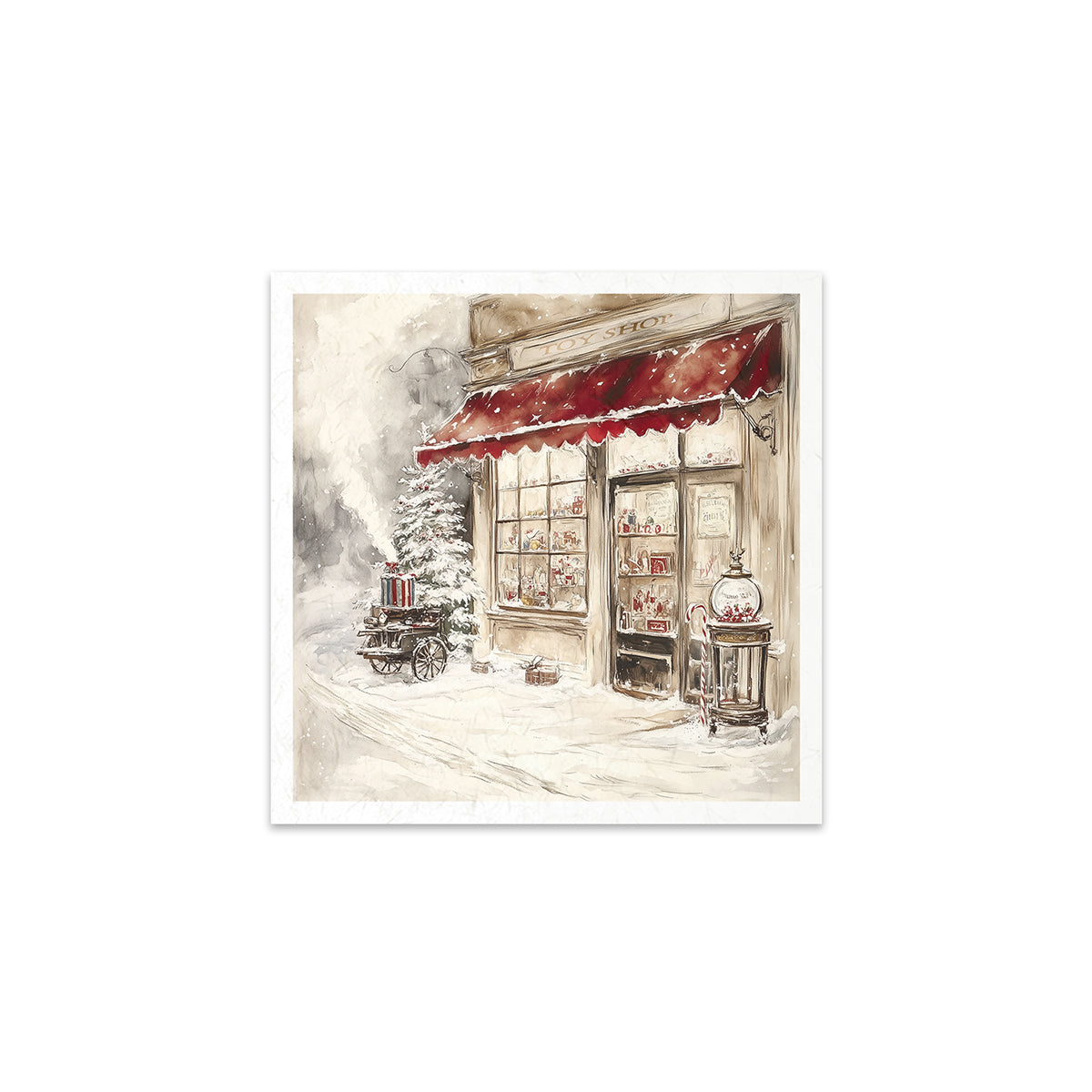 Illustration of a vintage street scene with a store and horse-drawn carriage.
