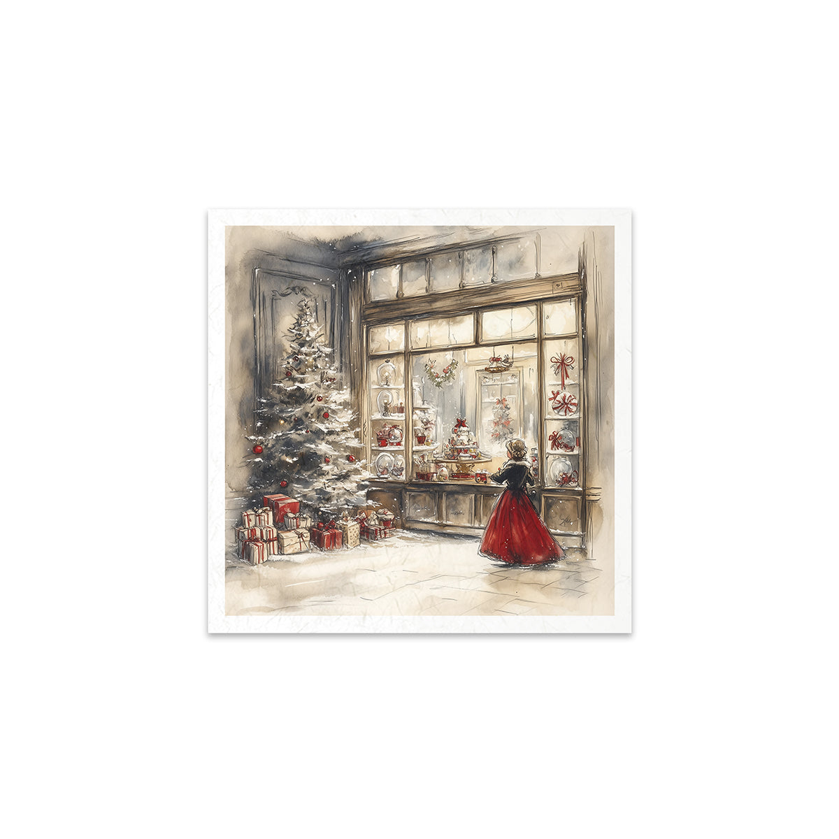 Illustration of a woman in a red dress looking into a store window with Christmas decorations.