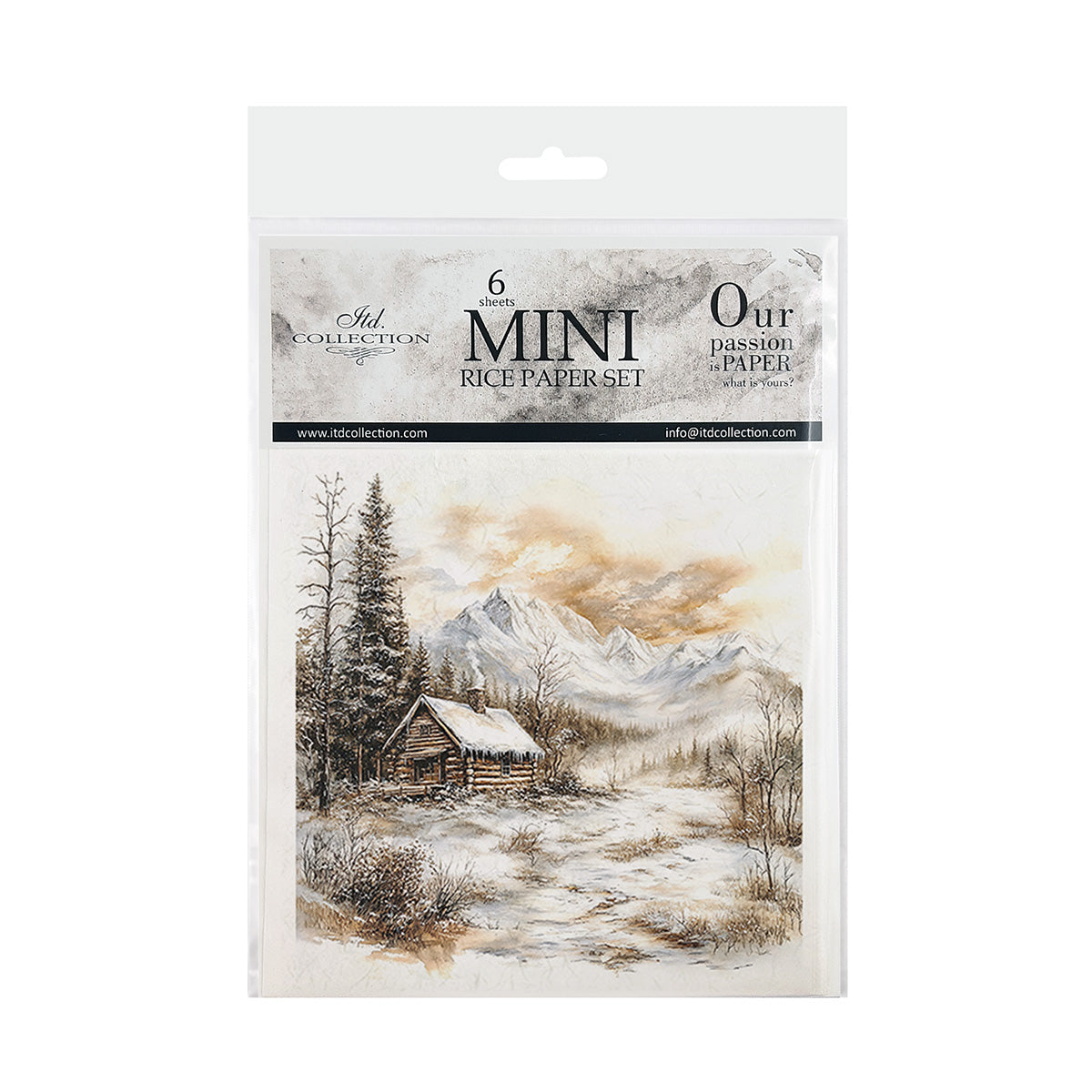 Packaging of a mini rice paper set with a scenic design of a cabin and mountains.