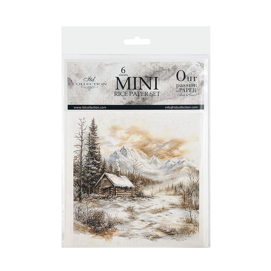 Packaging of a mini rice paper set with a scenic design of a cabin and mountains.