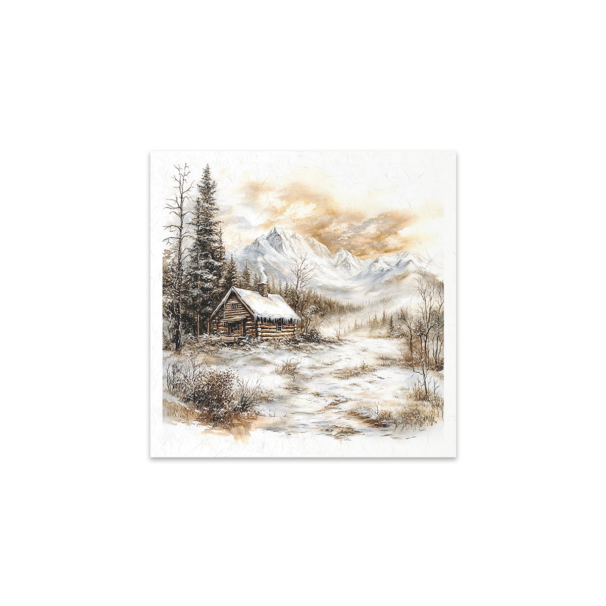 Winter landscape with a cabin and mountains on a white background
