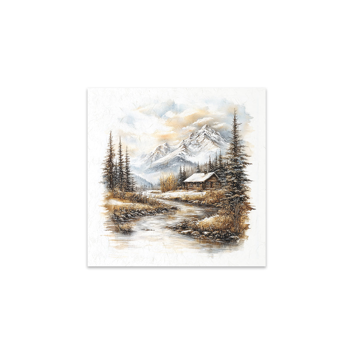 Painting of a mountain landscape with a cabin and trees.
