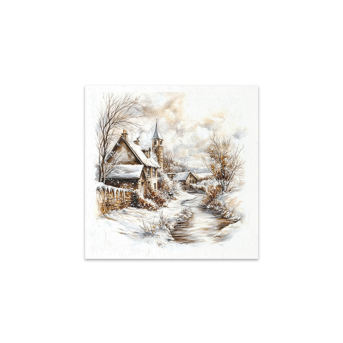 Winter village scene with houses and a church spire, snow-covered trees, and a path.