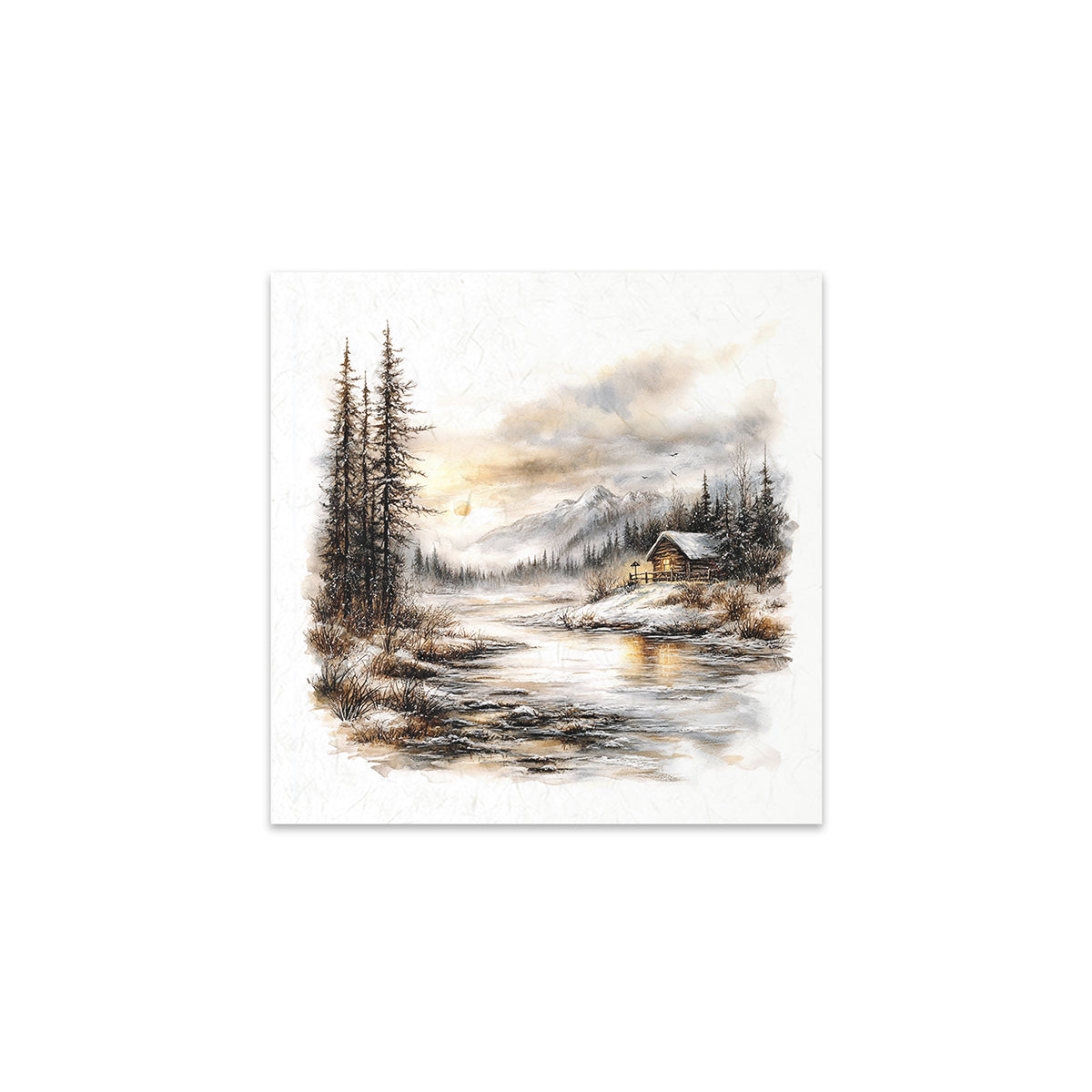 Winter landscape with a cabin and trees by a lake on a white background