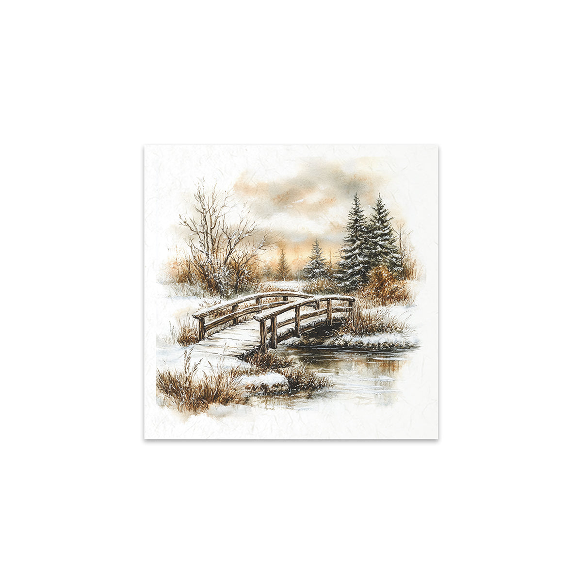 Winter landscape with a wooden bridge over a stream and snow-covered trees.