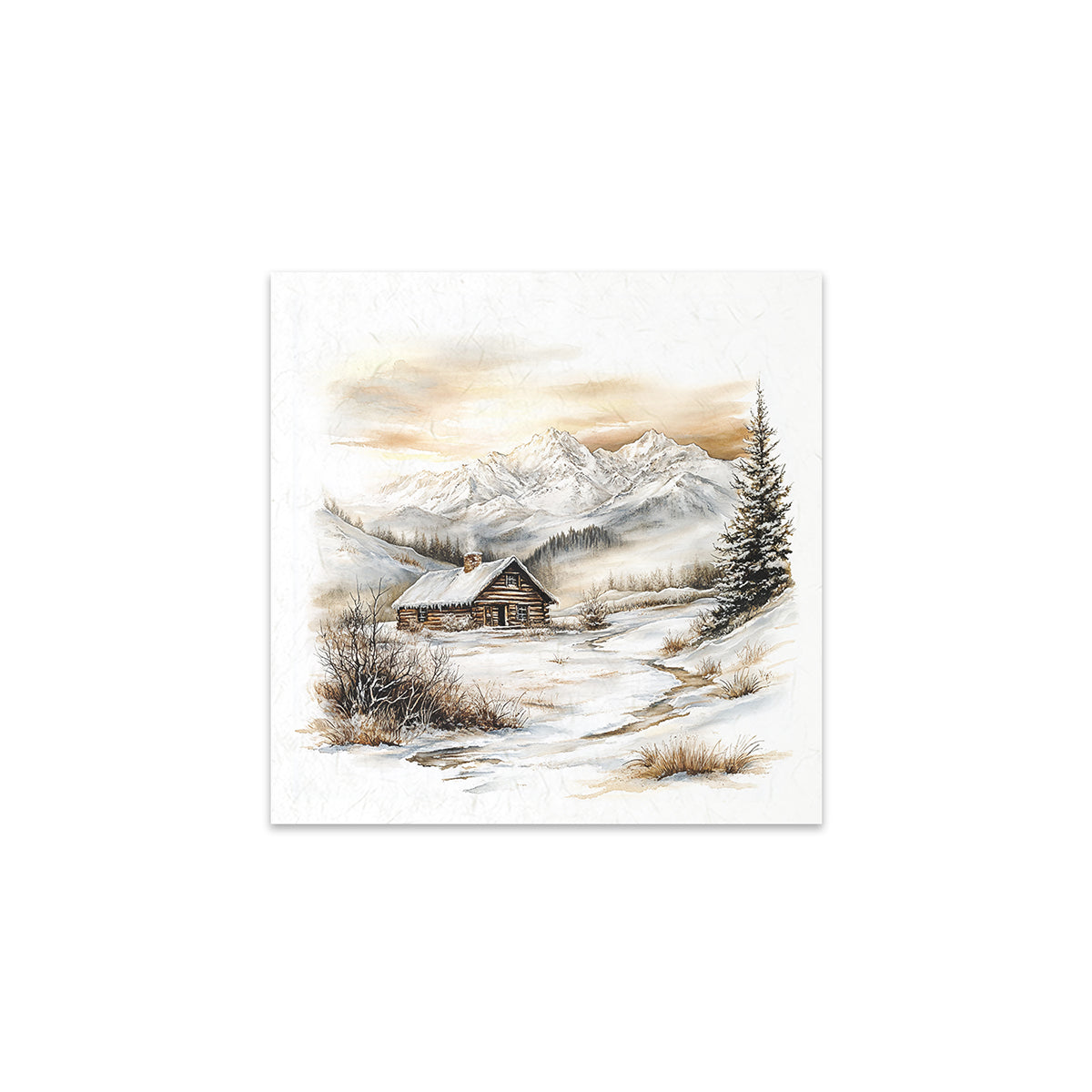 Winter landscape with a cabin and mountains on a white background