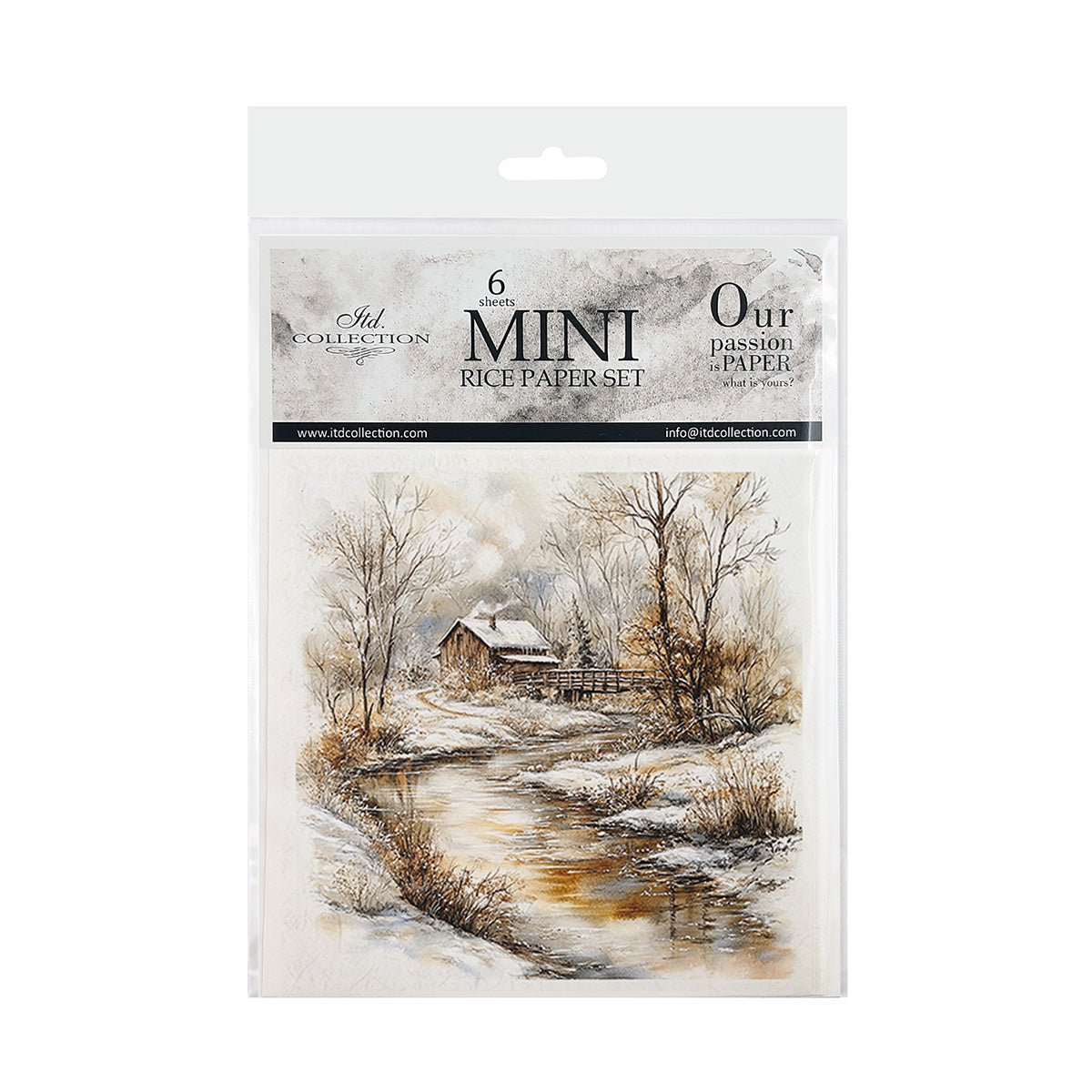 Packaging of a mini rice paper set with a winter scene design.