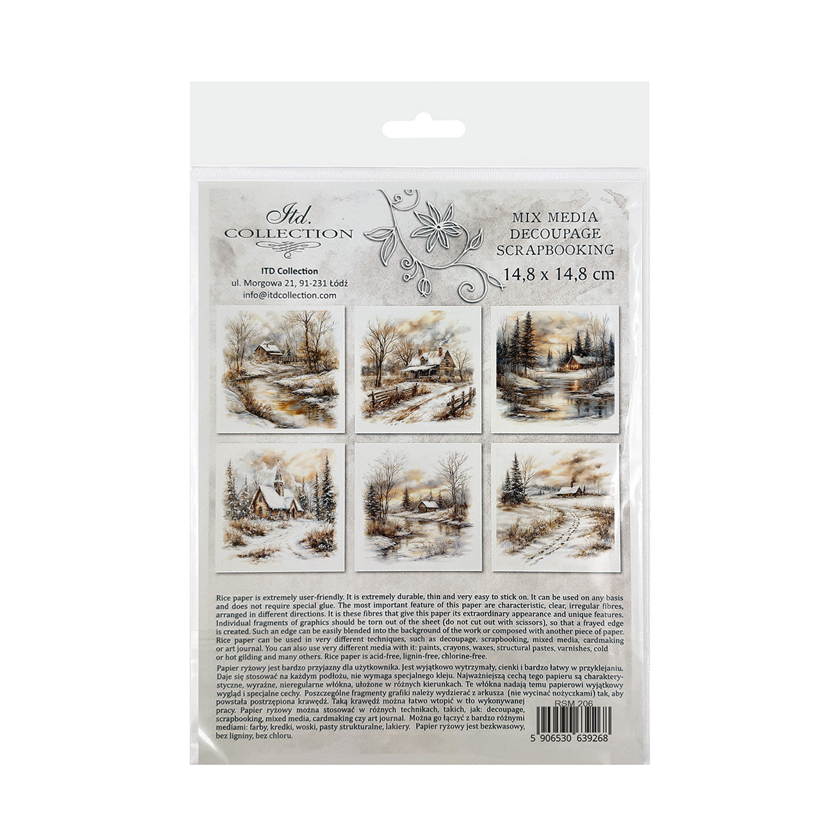 Packaging of decoupage sheets with winter scene designs on a white background