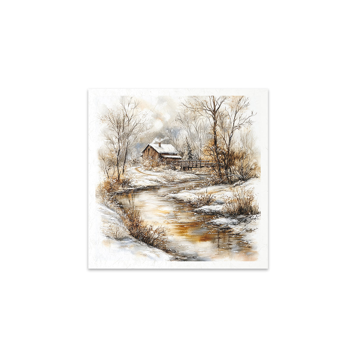 Winter landscape with a cabin and stream on a white background