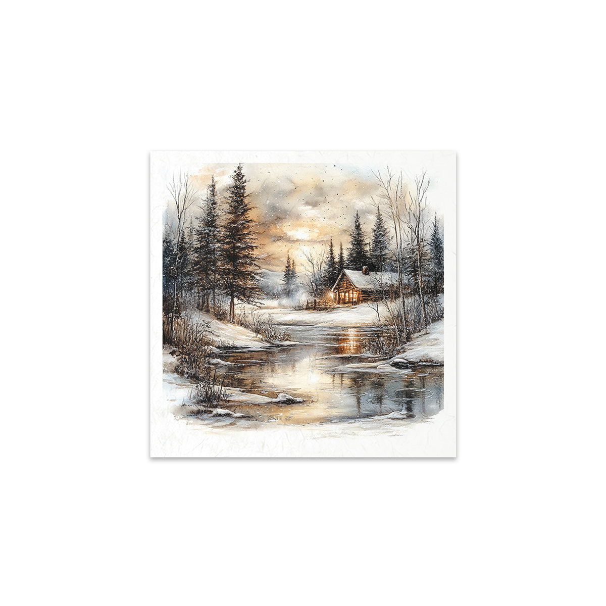 Winter landscape with a cabin by a lake at sunset