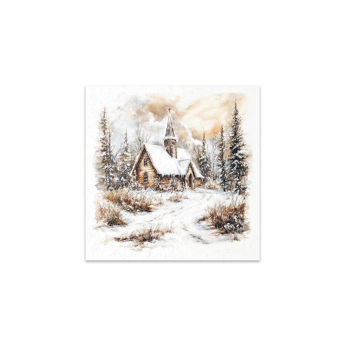 Winter landscape with a church and snow-covered trees on a white background