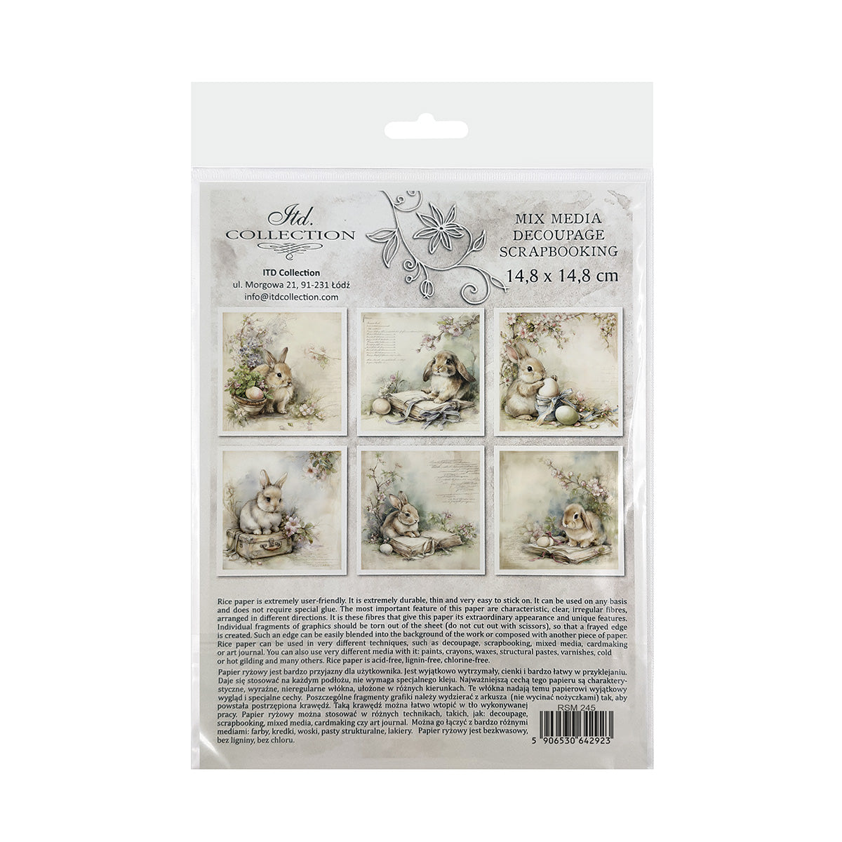 Packaging of decoupage rice paper with images of bunnies and text on a white background