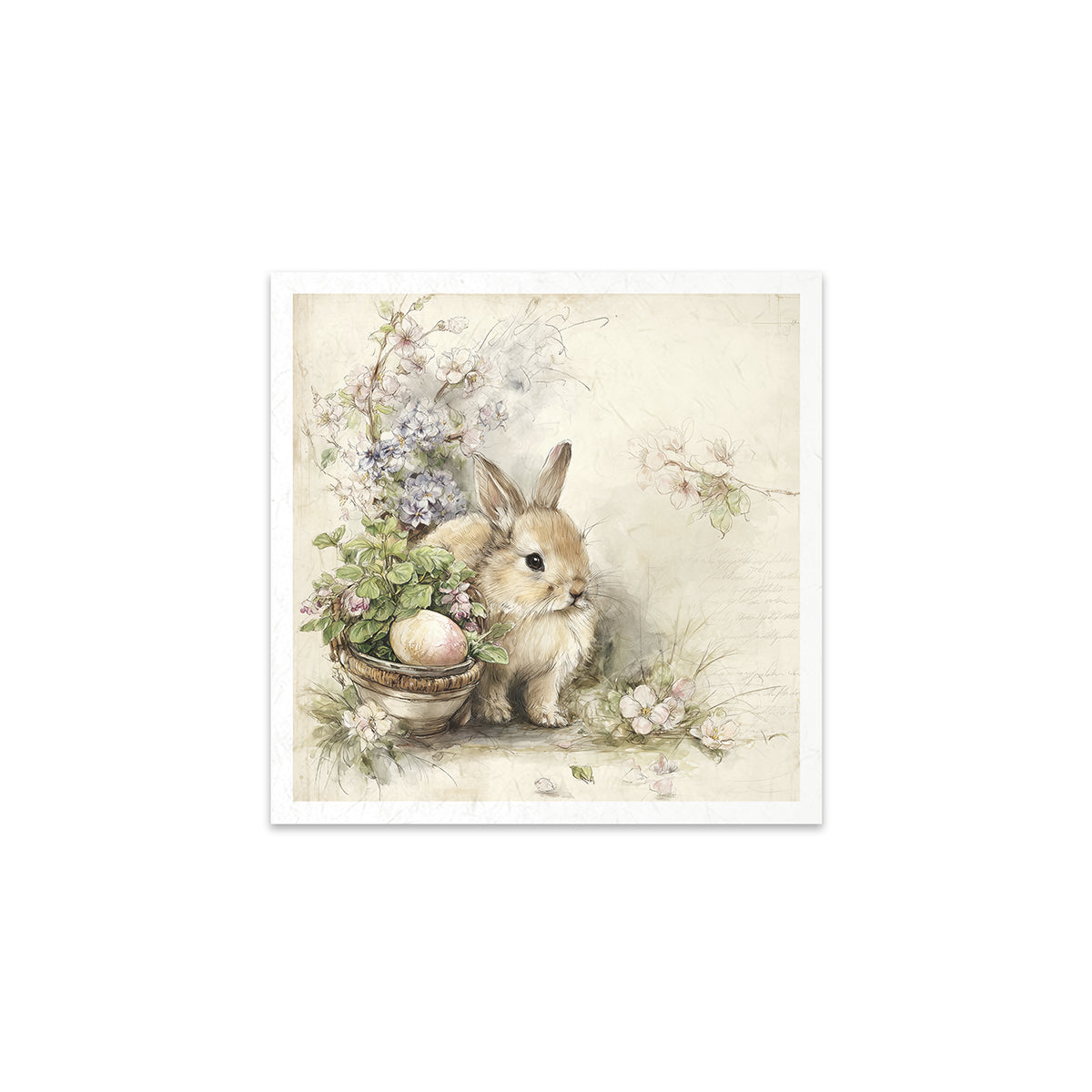 Illustration of a bunny with flowers and eggs on a light background