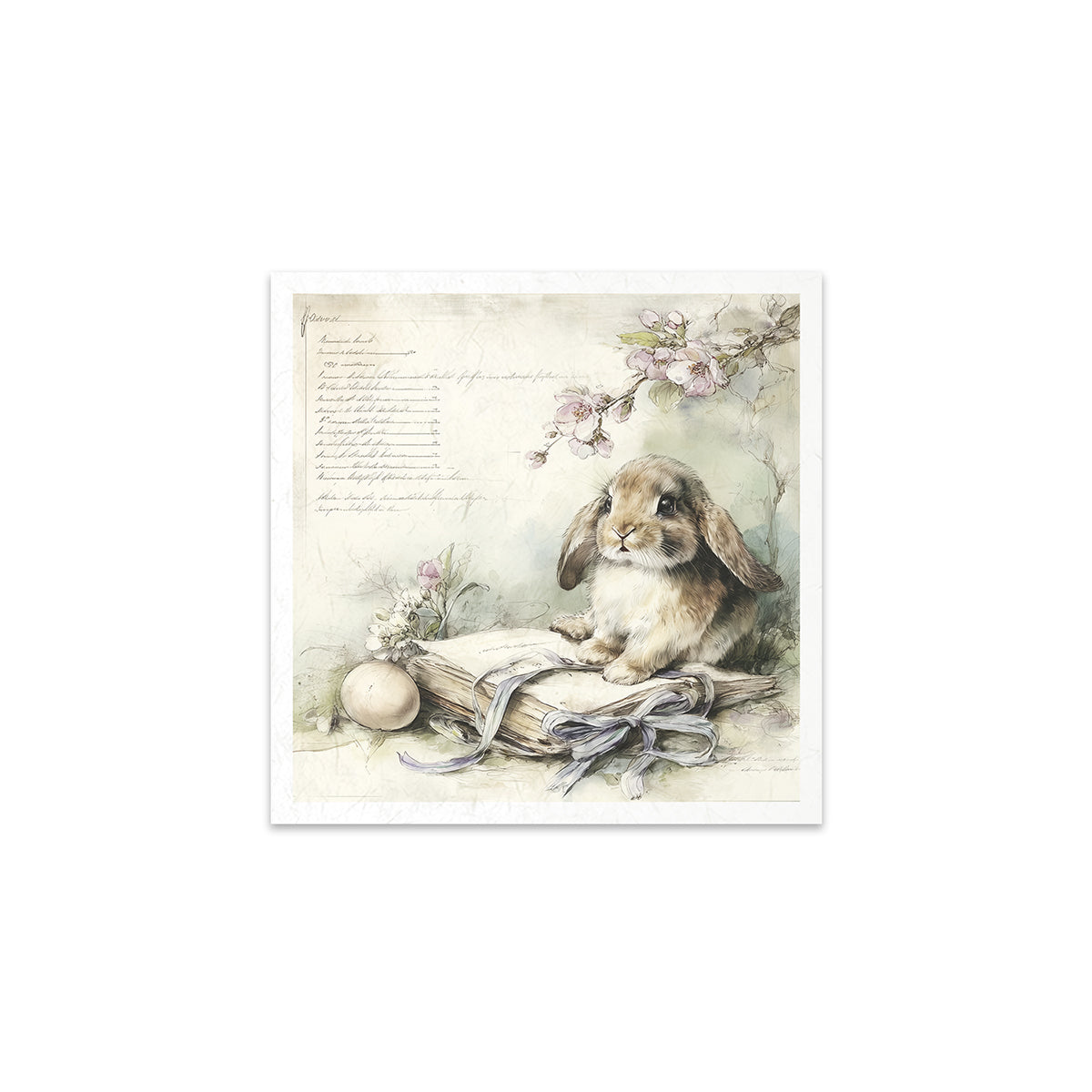 Illustration of a rabbit on an open book with flowers and eggs, on a light background