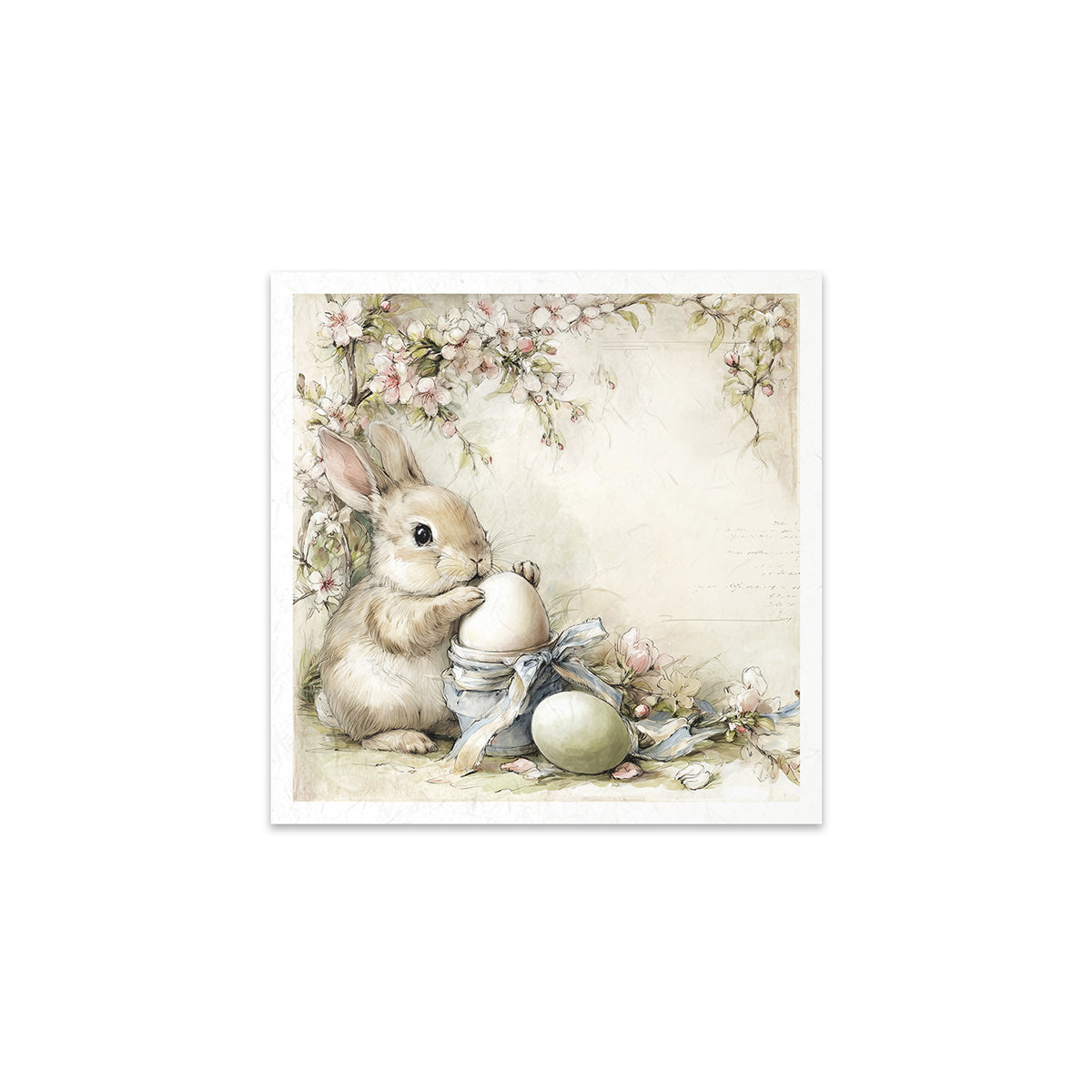 Illustration of a bunny with Easter eggs and flowers on a white background