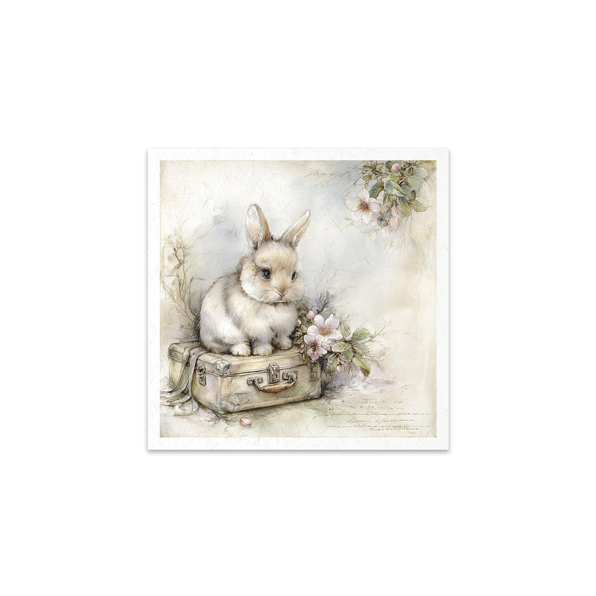 Illustration of a rabbit sitting on a suitcase with flowers, on a light background