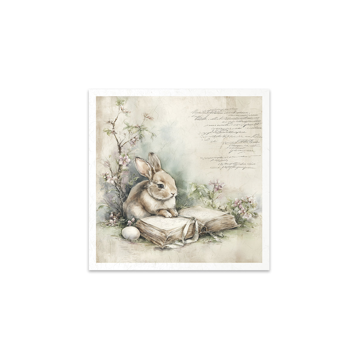 Illustration of a rabbit sitting on an open book with flowers and text in the background