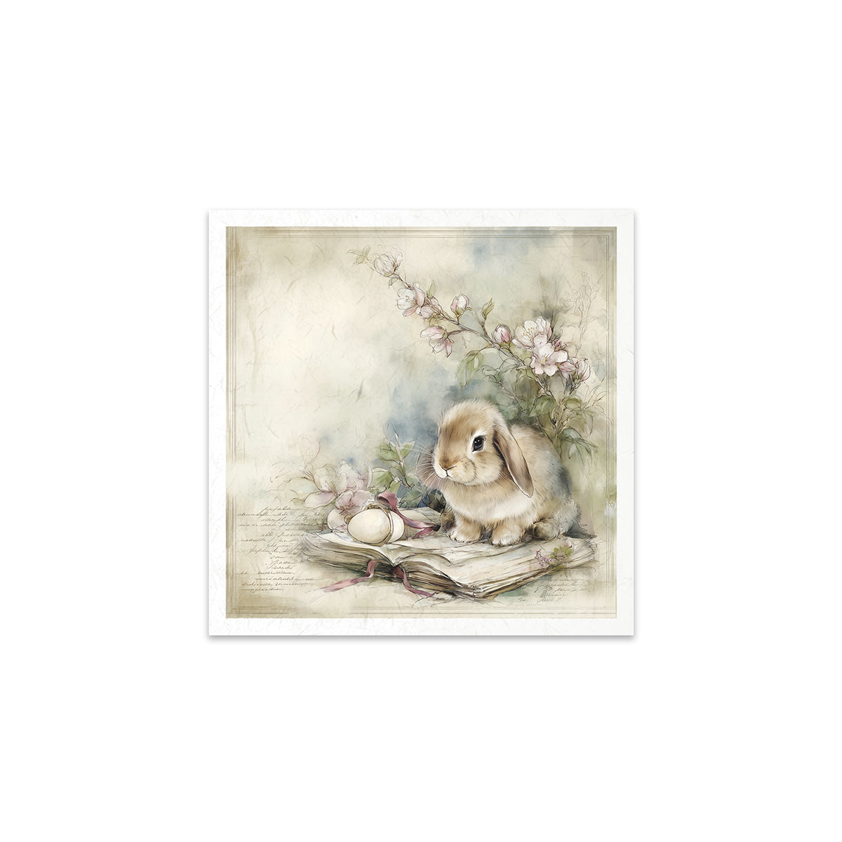 Illustration of a rabbit sitting on a book with flowers and eggs on a white background