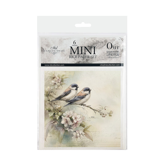 Package of mini rice paper set with birds and flowers on a white background