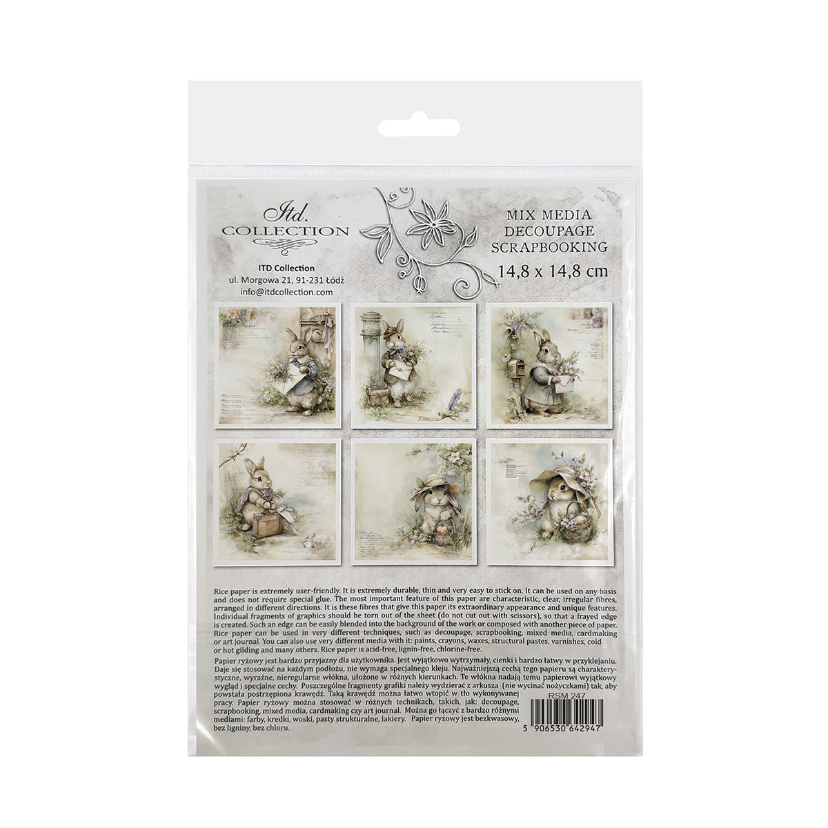 Packaging of decoupage rice paper with illustrations of bunnies on a white background.