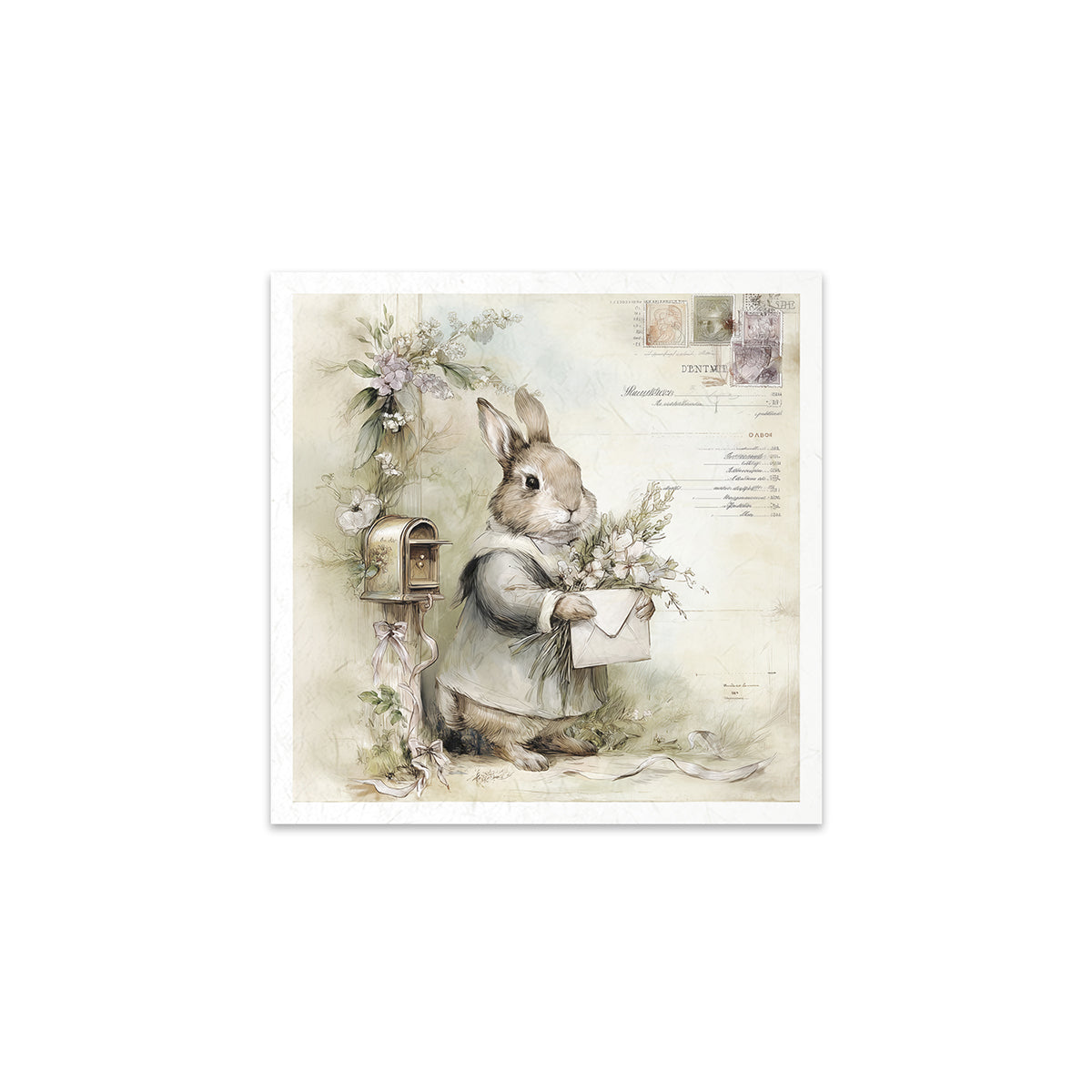 Illustration of a rabbit holding flowers and a letter, with a vintage mailbox and postcard in the background.