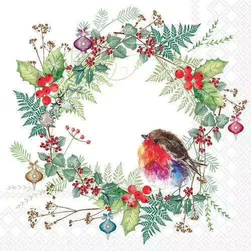 A festive greenery wreath with red berries, ornaments, and a little robin sitting inside.