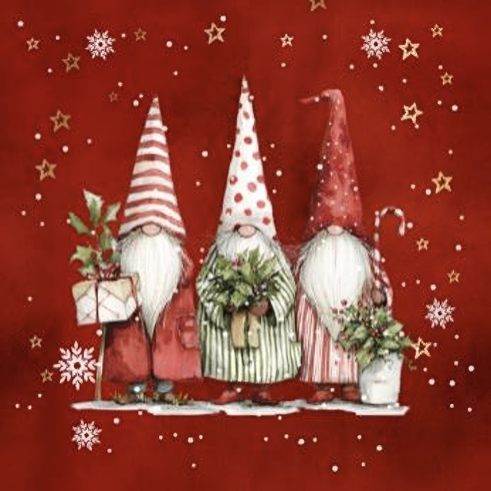 Three festive gnomes with winter accessories on a red background with snowflakes and stars.