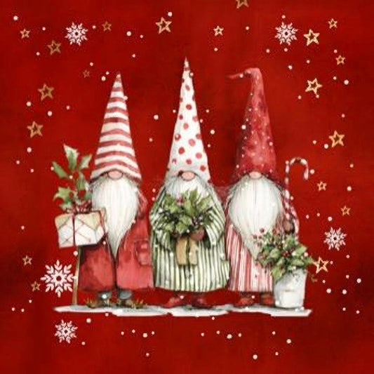 Three festive gnomes with winter accessories on a red background with snowflakes and stars.