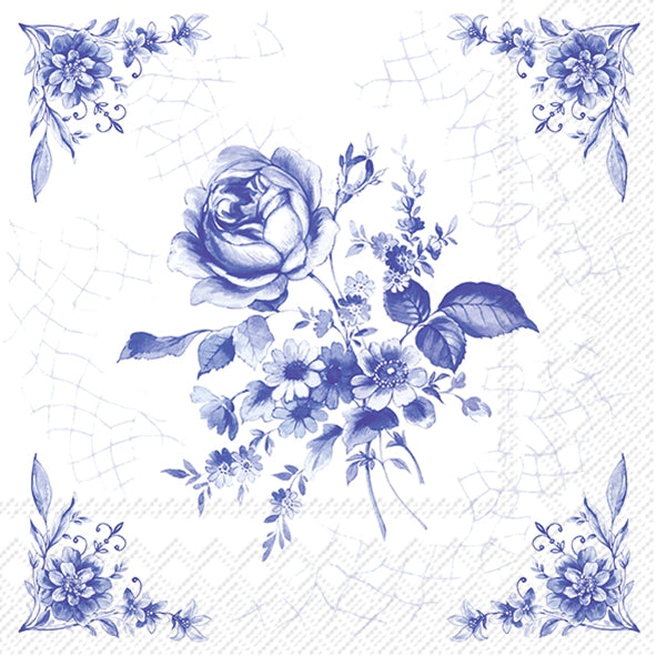Floral design with blue roses and flowers on a white background