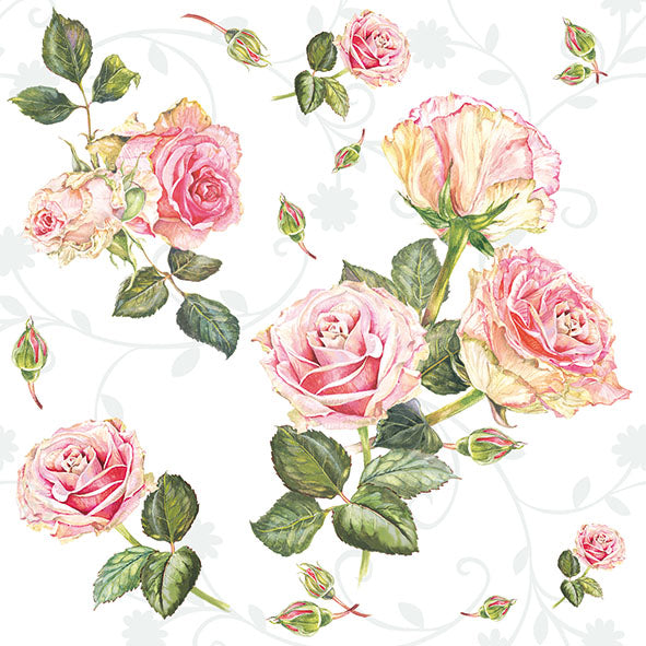 Decorative napkin with pink roses and green leaves on a white background