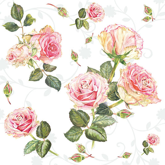 Decorative napkin with pink roses and green leaves on a white background
