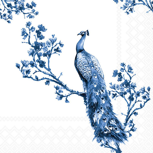 Blue peacock on a white background with floral branches