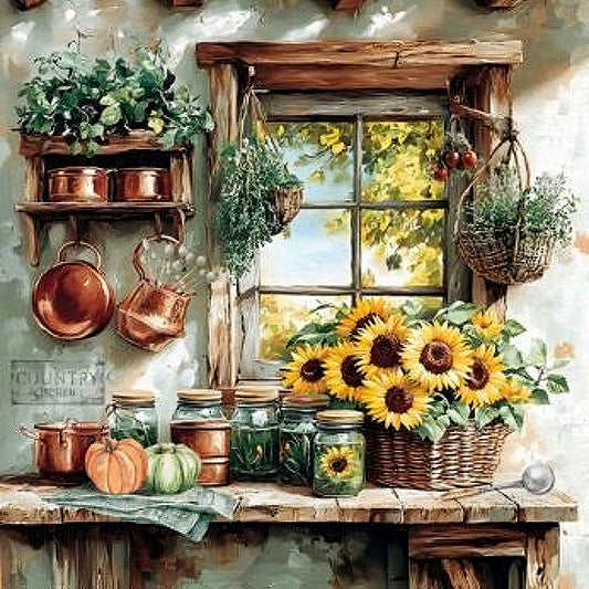 A rustic kitchen scene with sunflowers, jars, copper pots, and a window looking outside