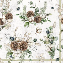 A close-up of a floral patterned napkin showing muted brown and beige flowers, green leaves, and small blue berries on a light off-white background with a faint vintage paper texture.