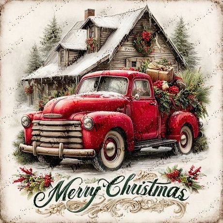 Vintage red Christmas truck in front of a snow-covered cabin with festive decorations.