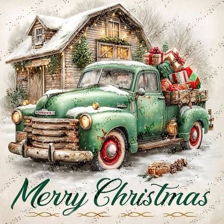 Vintage Christmas card with a green truck carrying gifts in front of a snow-covered cabin.
