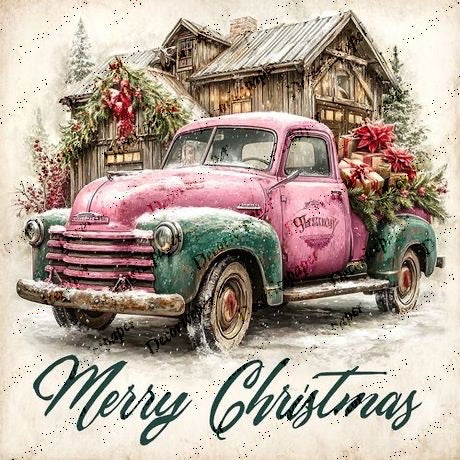Vintage pink truck with Christmas decorations in front of a wooden cabin, text 'Merry Christmas' below.
