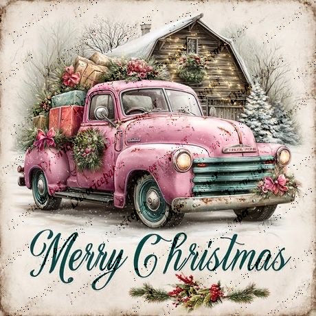 Vintage pink truck decorated for Christmas with wreaths and presents, in front of a rustic cabin.
