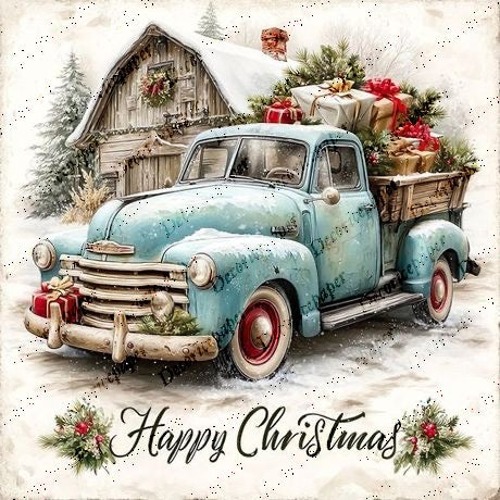 Vintage Christmas truck with presents in front of a rustic cabin.