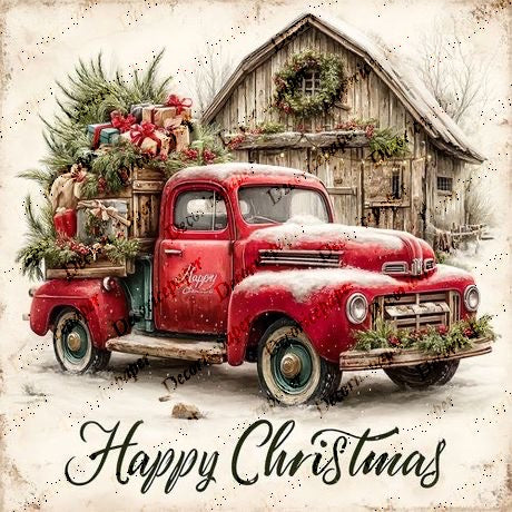 Vintage red Christmas truck in front of a wooden cabin with wreaths and 'Happy Christmas' text.