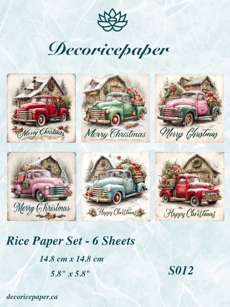 Decorative rice paper set with Christmas-themed vintage trucks on a light green background, featuring the brand 'Decoricepaper'.