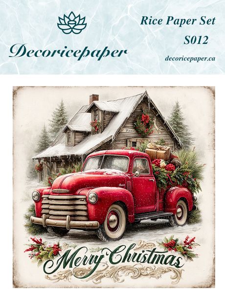 Decorative paper set with a red Christmas truck and house design, featuring the brand 'Decoricepaper'.