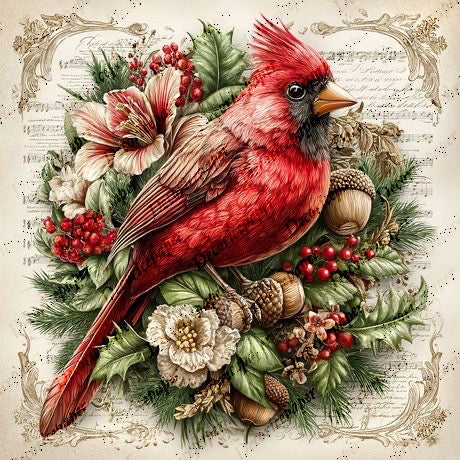 Red cardinal bird surrounded by flowers, berries, and acorns on a decorative background